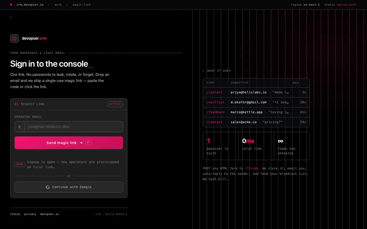 The DevOpser CRM website at crm.devopser.io