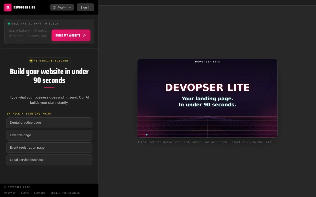 The DevOpser Lite builder: a sentence box on the left and the website preview on the right