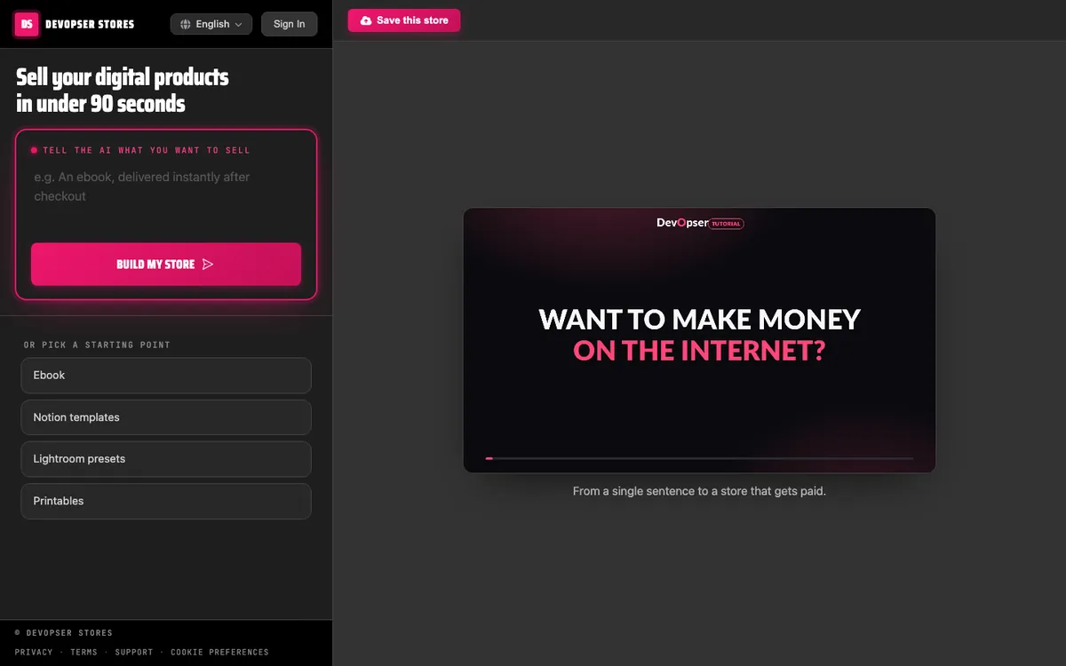 The DevOpser Stores website at stores.devopser.io