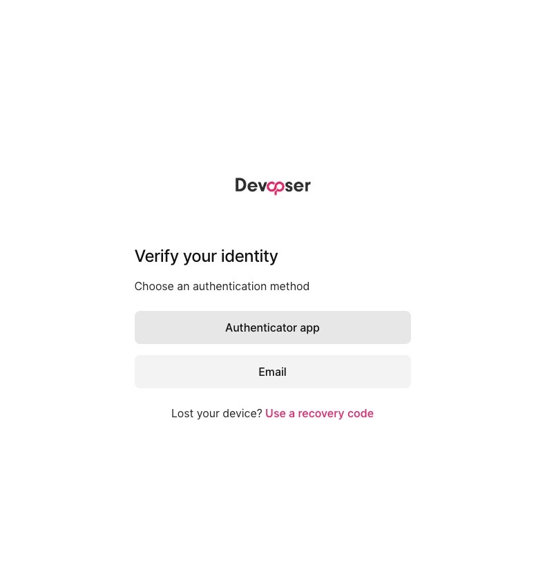 Verify your identity screen with Authenticator app and Email options