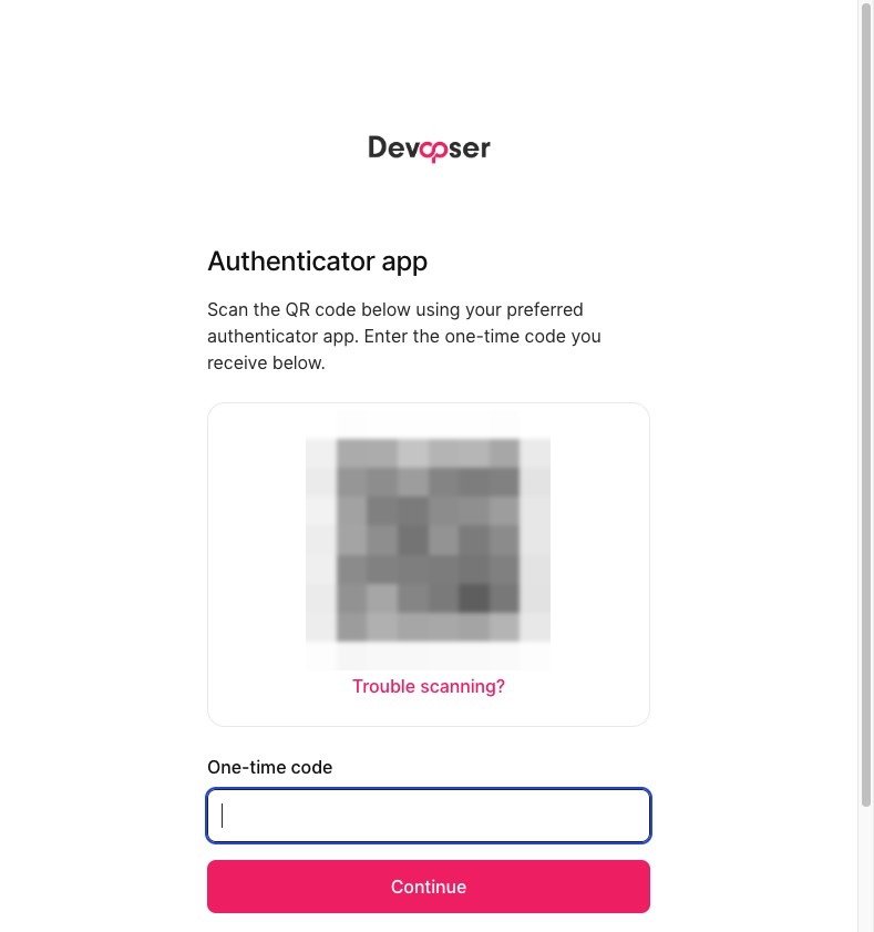 Authenticator app QR code and one-time code entry