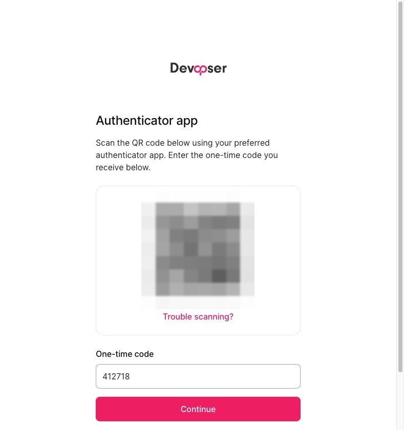 One-time code entered with the Continue button