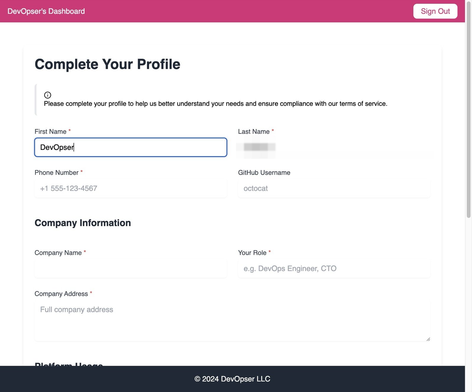 Complete the User Profile Form, step 1