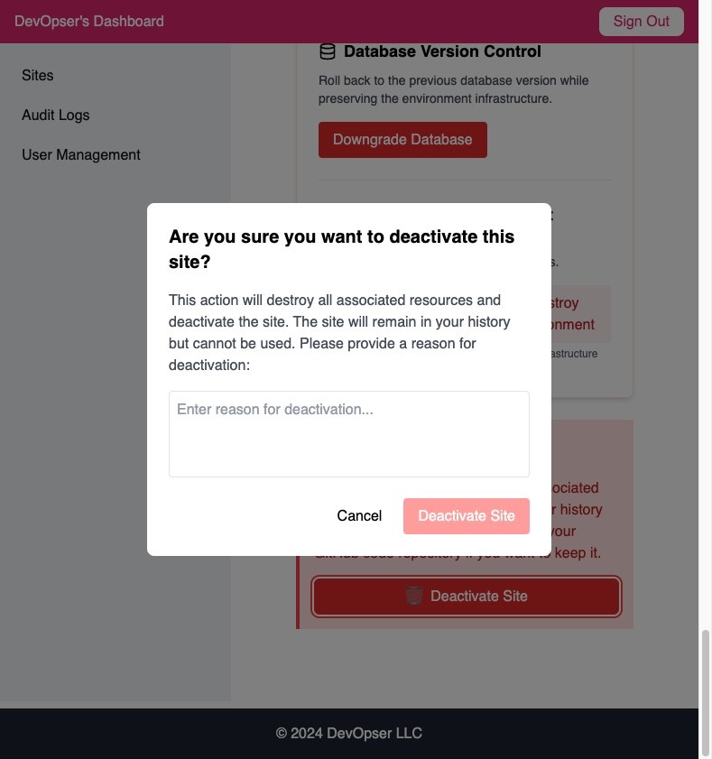 Deactivate a Site, step 3