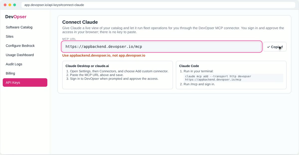The Add custom connector dialog in claude.ai with the name DevOpser filled in and the OAuth fields left empty