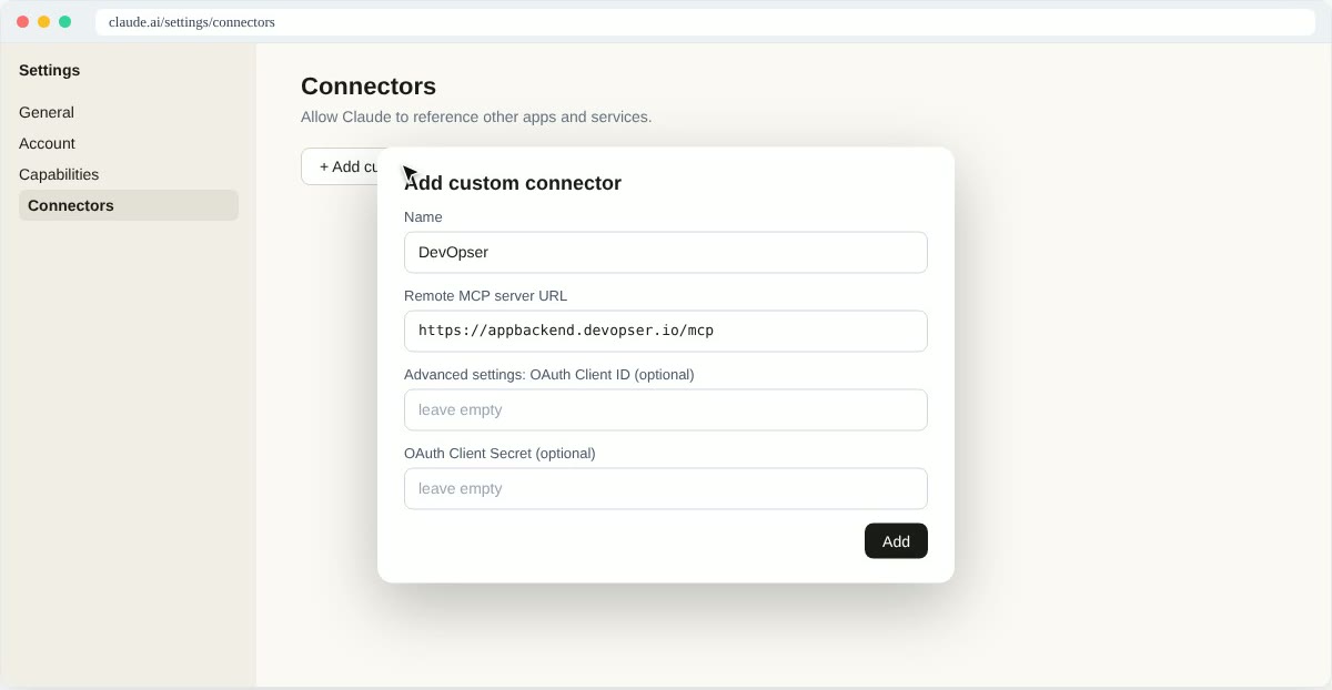The DevOpser consent page: Claude wants to manage your software catalog and fleet, with the read and write scopes listed and Allow and Deny buttons