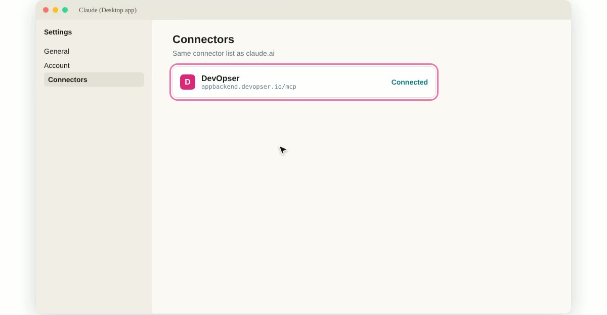 Claude Desktop settings, Connectors, with DevOpser listed as Connected