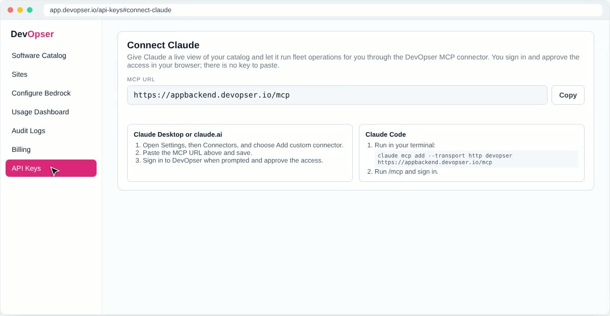 The Connect Claude card under API Keys, showing the MCP URL with a Copy button and setup steps for Claude Desktop, claude.ai and Claude Code