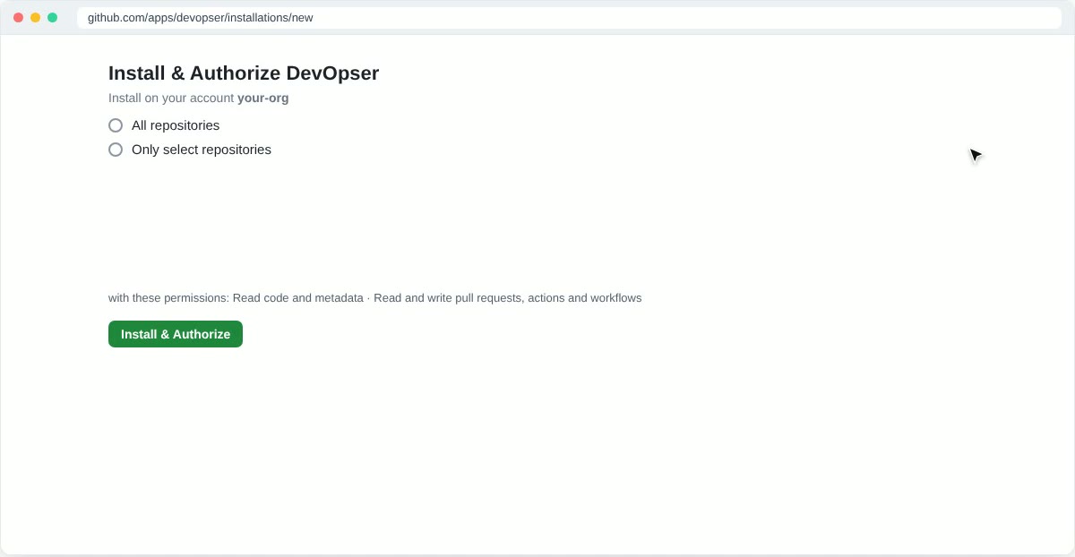 GitHub's Install and Authorize DevOpser page with Only select repositories chosen and two repositories ticked