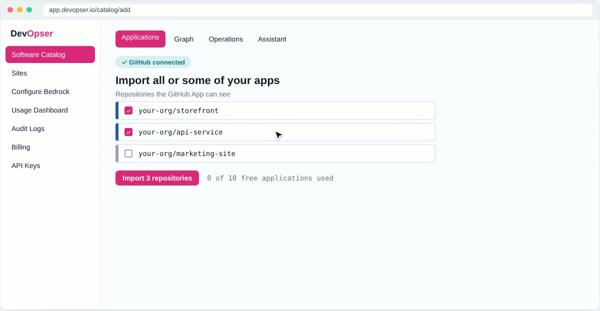 The Import all or some of your apps screen listing three repositories, with an Import 3 repositories button and a meter showing 0 of 10 free applications used