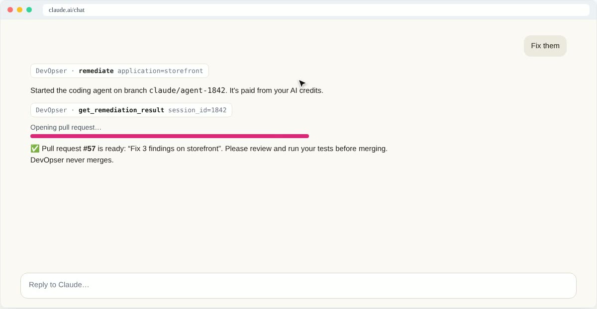 A GitHub pull request titled Fix 3 findings on storefront, opened by devopser-agent, with a diff that moves a secret to an environment variable, adds a Content-Security-Policy header and adds a health endpoint, and all checks passed